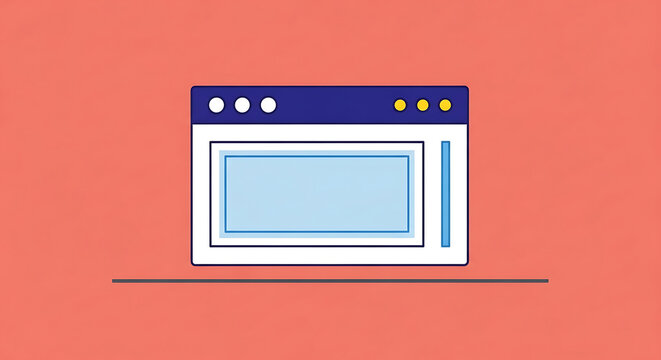 A simple illustration of a web browser window interface with a blue header against a solid coral background for digital design
