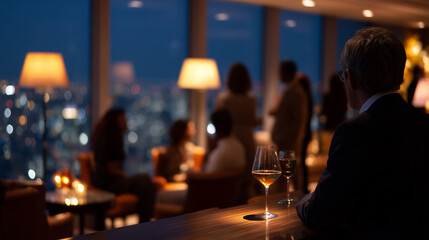 Plakat Panoramic view of a VIP lounge at night, soft light from floor lamps, Evening Networking Event, silhouettes of people with wine glasses (faceless), city lights through panoramic wi