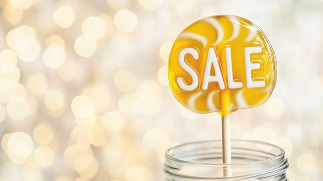 Yellow lollipop with SALE text displayed in a glass jar against a blurred background of soft, warm bokeh lights creating a festive shopping atmosphere