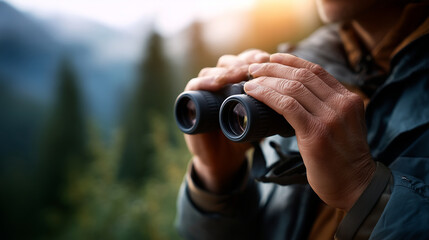 Fototapeta premium Hands (faceless) using a lens cleaning kit on a pair of high-end binoculars, Equipment Maintenance, blurred field camp background, soft natural light, professional and precise atmo