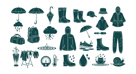 Comprehensive Rain Weather Essentials Vector Icons Collection Waterproof Clothing and Outdoor Gear © vectorial