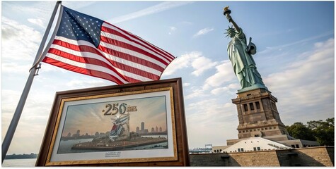 Naklejka premium American flag waving near Statue of Liberty with 250 years of Independence commemorative display.