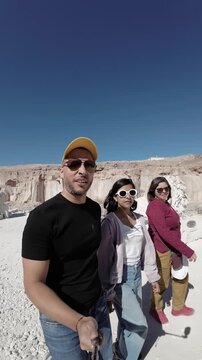 Tourist group walking through Sillar quarries in Arequipa Peru