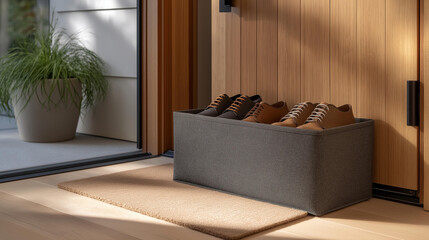 Fototapeta premium A minimalist entryway features a sleek fabric storage bin by the door, effectively containing shoes and accessories while enhancing the overall design of the space with its trendy look. cinematic
