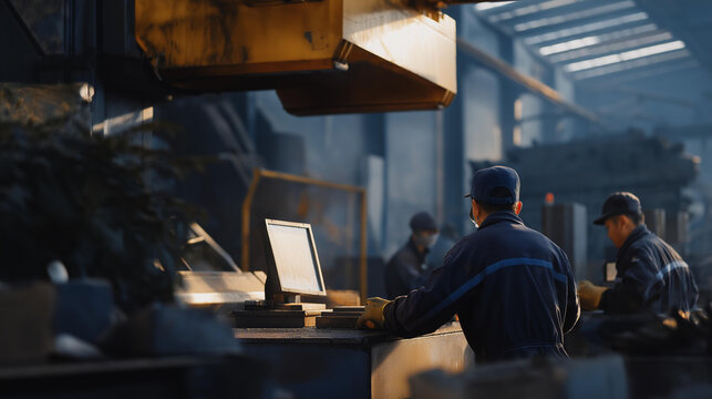 Workers in a metalwork manufacturing shop carefully monitor the casting process, ensuring each piece meets stringent quality requirements, while surrounding machinery facilitates efficient