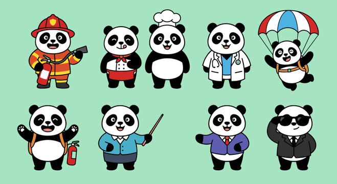 Panda bear professional occupations set featuring firefighter, chef, doctor, paratrooper, teacher, businessman and security guard in cute cartoon style