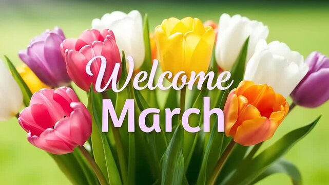 Greeting colorful spring tulip bouquet, 'Welcome March' text overlay, bright, cheerful, hope, fresh start, new beginning, blooming, festive season celebration