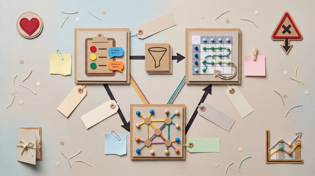 PMF Signals Template, Paper Cut Craft Flat Lay, Survey Retention Referral Panels With Blank Labels and Copy Space, No Text Growth Diagram.