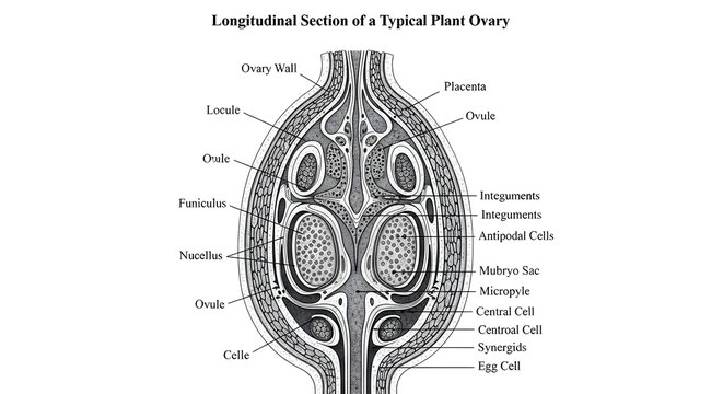 Longitudinal section of a typical plant ovary showing locules, placental tissue, attached ovules, integuments, nucellus, embryo sacs with egg apparatus and antipodal cells, illustrating internal femal