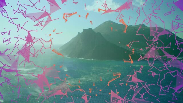 Sun glare starting pink overlay nodes moving inward forming orange ring above island showing data