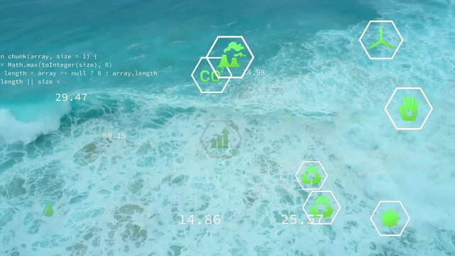 Camera pan via ocean AR overlays shifting, hex icons clustering, values updating to show eco data
