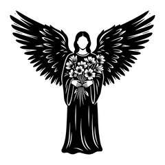 Angel with Spread Wings Holding Bouquet Black and White Vector Illustration, Memorial Funeral Symbol