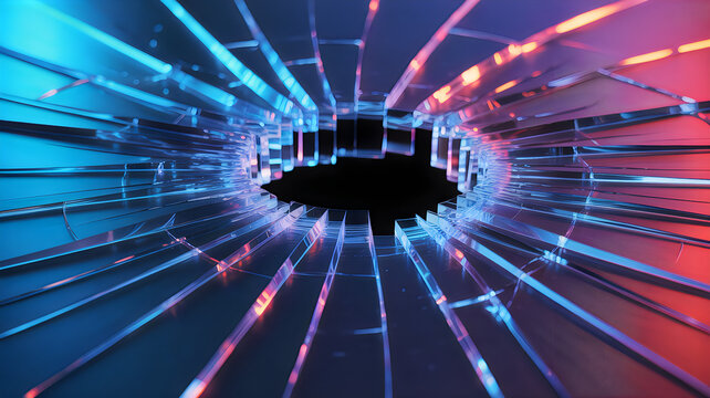 An abstract digital illustration of a flickering light bulb creates a high-energy design against a black backdrop with glowing lines and blue motion effects