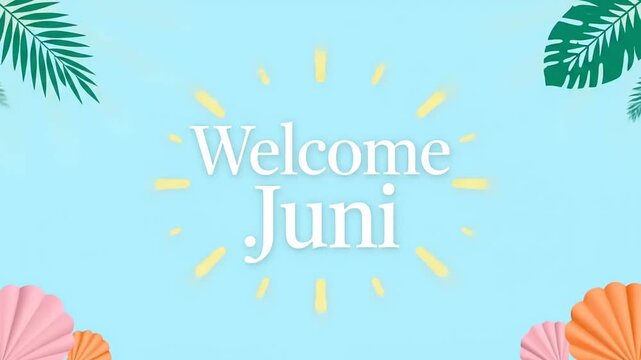 Welcome Juni! Greeting card graphic, festive celebration, seasonal design with sunburst, leaves, shells, and light blue background. Animated, summer time.