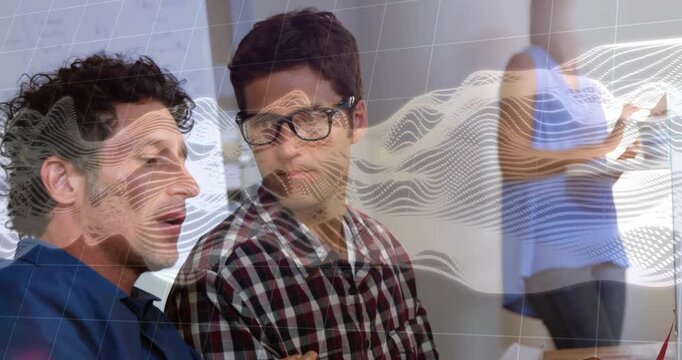 Left man leaning in and speaking, two men reviewing notepad for business, wave overlay across frame
