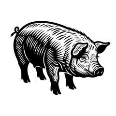 Black and White Pig Illustration in Vintage Engraving Style, Farm Hog Vector Line Art © Saad Hassan