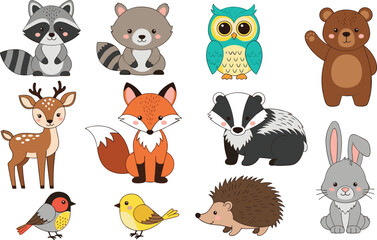 Fototapeta premium Cute Woodland Forest Animals Cartoon Characters Vector Collection Set