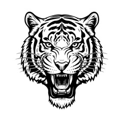 Roaring Tiger Head Front View Black and White Vector Illustration, Fierce Mascot Logo