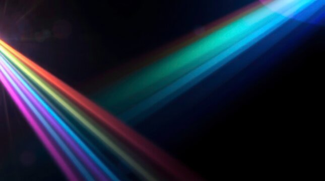 Blurred rainbow refraction overlay effect. Light lens prism effect on black background. Holographic reflection, crystal flare leak shadow overlay. Colorful rainbow disco ball light