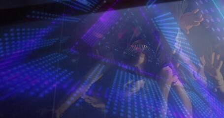 Dancing group of clubgoers moving on nightclub floor, with LED grid, spiked visor, wristbands, haze © vectorfusionart