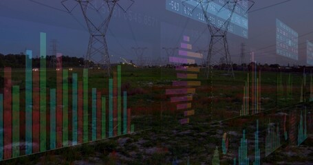Showing high-voltage towers and power lines crossing grassy field with bare soil and data overlays