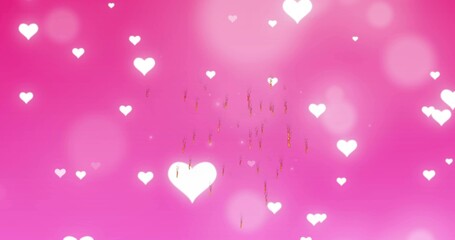 Glowing large white heart occupying left of pink gradient, showing bokeh circles and gold flakes