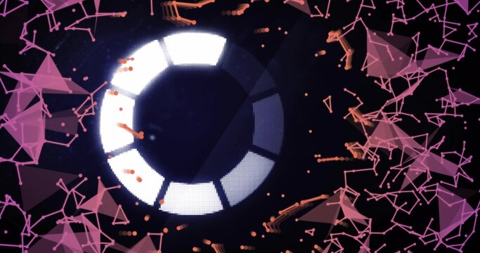 Pulsing segmented ring circling dark core in digital HUD, with magenta mesh and orange particles