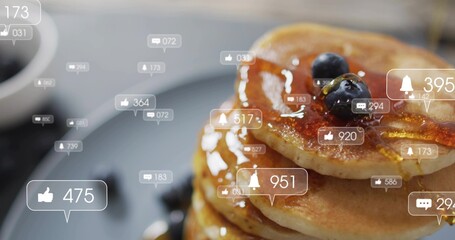Fototapeta premium Showing 3-pancake stack with maple syrup on dark plate at cafe, 3 blueberries, overlays, copy space