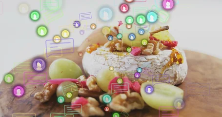 Fotobehang Zuivelwaren Showing ripened cheese wheel topped with honey and walnuts on cutting board, floating digital icons  © vectorfusionart