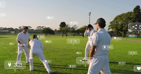 Practicing four cricketers in white uniforms doing drills on club field with dark cap and overlays