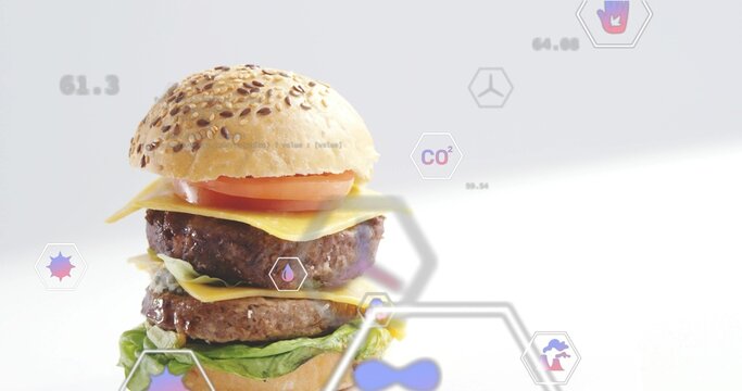 Showing double burger shining on white surface, with sesame bun, two patties and hexagon CO2 icons