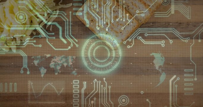 Showing wooden cutting board with toasted bread and scrambled eggs on kitchen table, with neon HUD