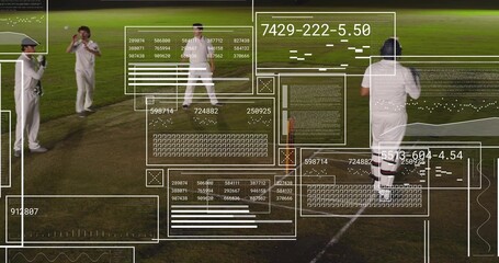 Bowling quartet of cricket players in white uniforms moving on grass pitch at night, with overlays © vectorfusionart