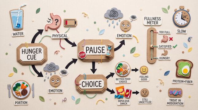 Mindful Eating Habits Infographic, Handmade Paper Cut Craft Flat Lay, Hunger to Fullness to Choice Decision Flow Diagram for Wellness Education.