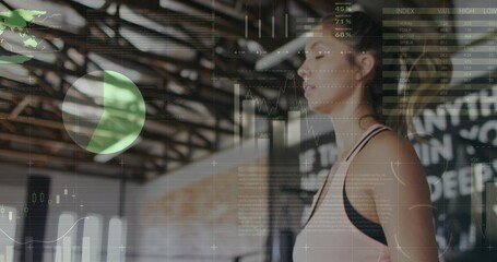 Running woman in pink tank, black bra on treadmill in fitness studio, data overlays, copy space