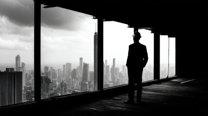 Fototapeta premium National employee appreciation day inspires reflection as construction worker admires city skyline from high rise building interior