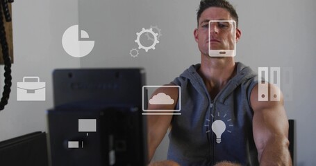 Rowing man wearing gray sleeveless zip-up hoodie pulling rower handle facing monitor, with UI icons © vectorfusionart