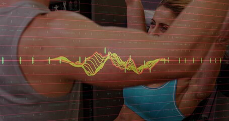 Pressing woman in turquoise sports bra at gym, gray sleeveless shirt spotting, red grid waveform © vectorfusionart