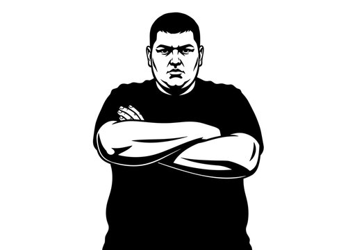 Angry Heavyset Man with Crossed Arms Black and White Vector Silhouette Illustration