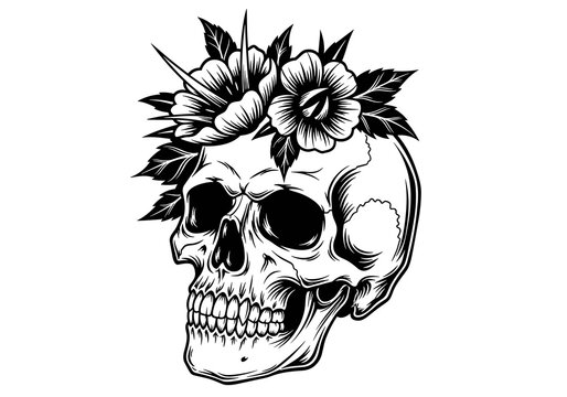 Floral Human Skull with Flower Crown Black and White Vector Illustration, Gothic Botanical Tattoo Design