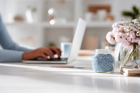 Contemporary March Business Banner Showing Remote Consultant Arranging Spring Themed Desk Accessorie