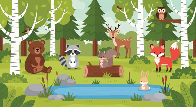 Cute Woodland Forest Scene with Animals Trees and River Vector Illustration