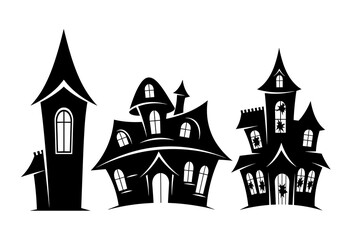 Obraz premium Haunted House Silhouette Set Black and White Halloween Vector Illustration Isolated on White Background