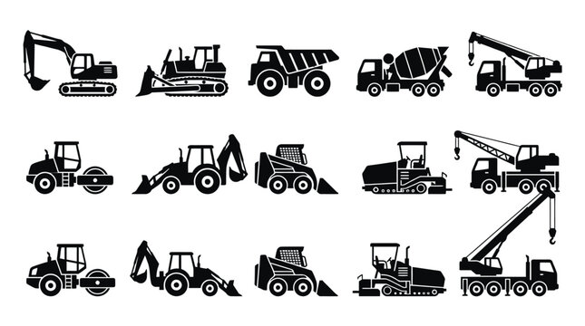 A comprehensive collection of black silhouette icons depicting various heavy construction vehicles and industrial machinery essential for building and development projects.