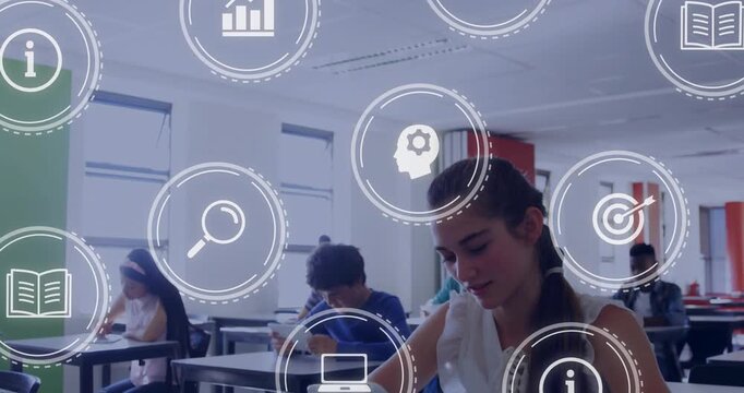 Projector projecting learning icons overlaying classroom, braided student tapping tablet for class