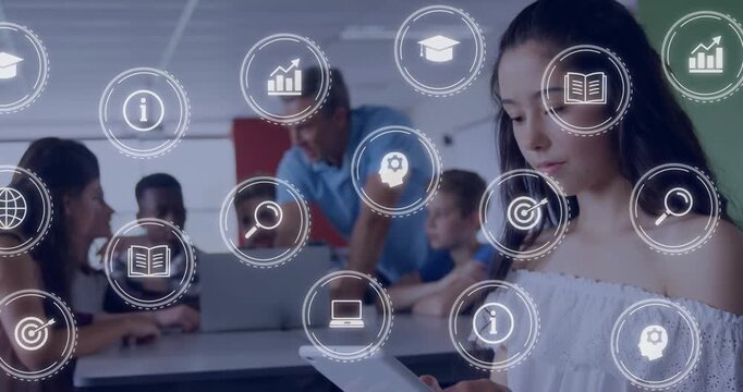 Teen girl tapping tablet at table, causing animated education icons connecting group for learning