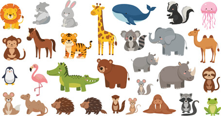 Obraz premium Cute Cartoon Wild Animals Collection Safari and Ocean Vector Set
