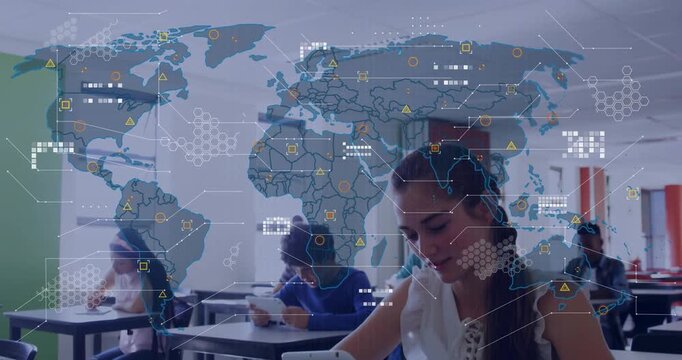 Ceiling projector projecting world map, starting lesson, girl scrolling tablet, map linking desks