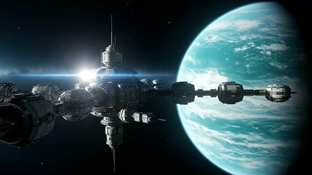 Futuristic spaceship docked at a space station orbiting an alien planet.