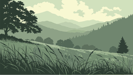 Monochromatic Sage Green Mountain Valley Landscape with Rolling Hills and Wild Grass Foreground © SABIHA